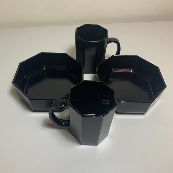 4 pc Set MCM Deco Arcoroc France Black Glass Octagon Mugs Bowls Arcopal Octime - Picture 2 of 14